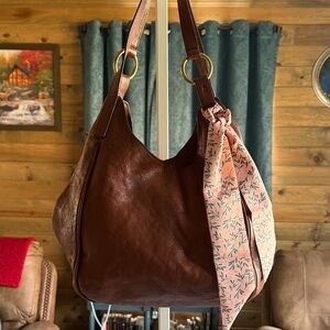 Frye Brown Leather Hobo with Pink Floral Scarf